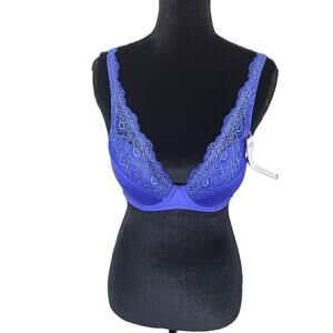 Mod by Parfait Womens 32C  Blue Lace Push Up Bra Lingerie Sexy Padded Plunging